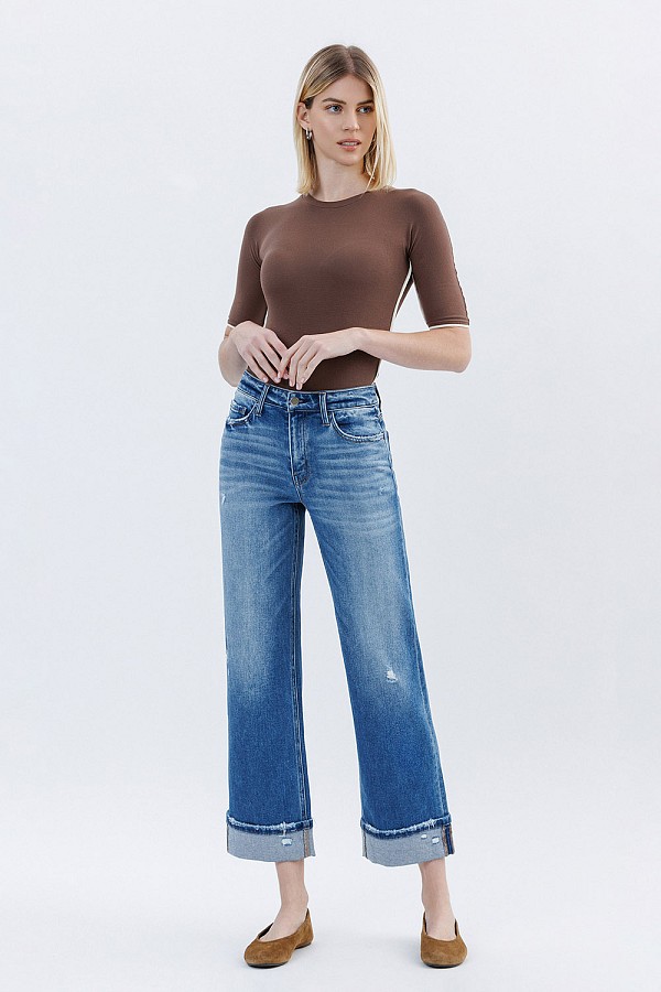 HIGH RISE CUFFED SLIM WIDE JEANS F5...